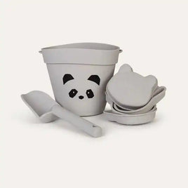 Minimalist grey panda-themed beach toy set with a bucket, shovel, and animal-shaped sand molds, perfect for children's summer playtime.