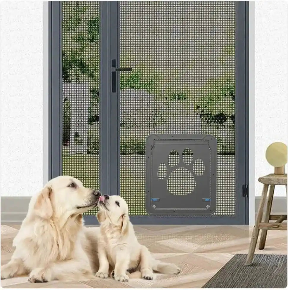 Pet-Safe Anti-Chew Screen Door installed on mesh patio door with two golden retrievers nearby, showcasing pet-friendly home s
