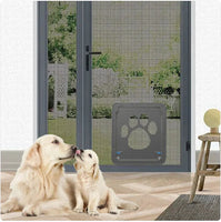 Pet-Safe Anti-Chew Screen Door installed on mesh patio door with two golden retrievers nearby, showcasing pet-friendly home security.