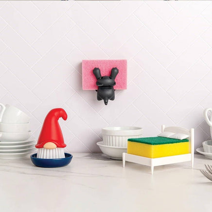 Beardy Gnome Dish Brush by Ototo displayed in a playful kitchen setup with matching novelty sponge holders, ideal for fun kitchen organization.