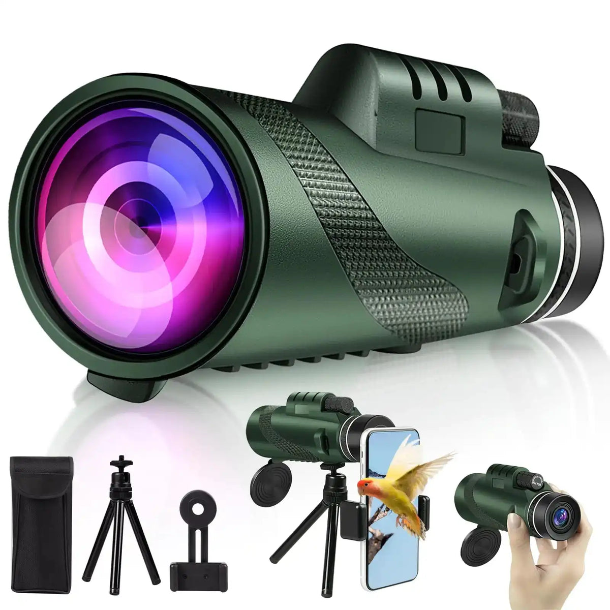 HD Monocular Telescope 80x100 with Smartphone Tripod features high-resolution lens, portable tripod, phone mount, and carryin