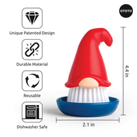 Ototo Beardy Gnome Dish Brush with tray shown with dimensions and features like durable material, reusable, and dishwasher safe.