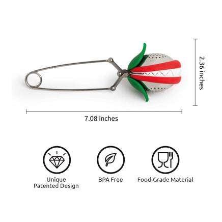 OTOTO Cute Tea Infuser with dimensions and icons showing BPA-free, food-grade material and patented design. Perfect for loose leaf tea brewing.