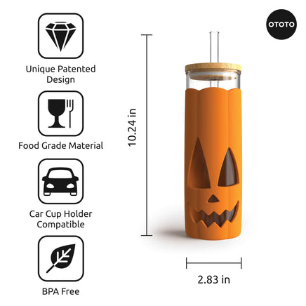 Halloween tumbler with pumpkin face, BPA-free and car cup holder compatible, made from food-grade materials with patented design.
