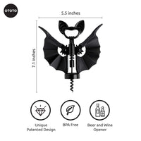 OTOTO Vino Spooky Bat Opener with dimensions 7.1 x 5.5 inches, featuring BPA-free material and patented design for opening wine and beer bottles.