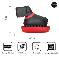 Oscar Dog Dish Brush by Ototo with dimensions and features like BPA-free, reusable, and dishwasher safe, ideal for kitchen use.