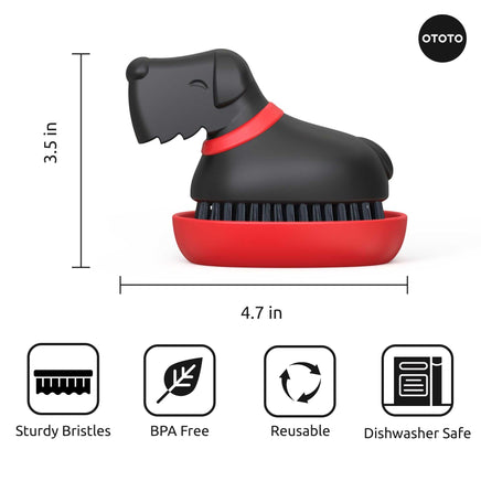Oscar Dog Dish Brush by Ototo with dimensions and features like BPA-free, reusable, and dishwasher safe, ideal for kitchen use.