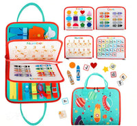 Montessori Sensory Board featuring colorful interactive activities for learning numbers, colors, shapes, and letters with a space-themed carry case.