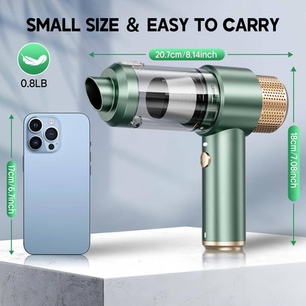 Compact JONYJ vacuum cleaner compared to smartphone, weighing 0.8lb and measuring 8.14 inches, ideal for portability and storage.