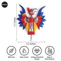 OTOTO Pinot Parrot Opener with size dimensions and feature icons. BPA-free, patented design, and dual wine and beer opening functionality.
