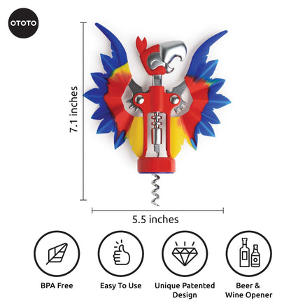 OTOTO Pinot Parrot Opener with size dimensions and feature icons. BPA-free, patented design, and dual wine and beer opening functionality.