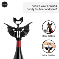 OTOTO Vino Spooky Bat Opener shown opening both beer and wine bottles. A multifunctional corkscrew and bottle opener with a fun bat design.