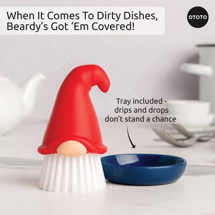 Ototo Beardy Gnome Dish Brush with included tray to catch drips, making it a practical and whimsical kitchen utensil holder.