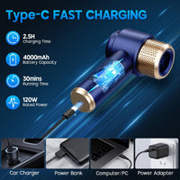 Blue JONYJ vacuum cleaner charging via Type-C with 4000mAh battery, 2.5h charge time, and compatibility with car and PC power sources.