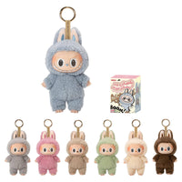 POP MART The Monsters Tasty Macarons Blind Box Figures feature plush vinyl keychain toys in bunny suits with random colors and cute expressions.