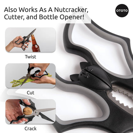 Halloween Bat Kitchen Scissors - OTOTO Elizabat Shears with multifunctional design for cutting, cracking nuts, and opening bottles. Features bat-shaped handles.