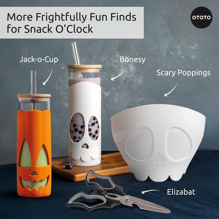 Halloween drinkware collection featuring Jack-o-Cup tumbler, Bonesy, and Scary Poppings bowl for spooky snack time.