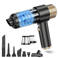 JONYJ handheld car vacuum cleaner in black with 16000PA suction, HEPA filter, and full set of cleaning attachments for home and auto.