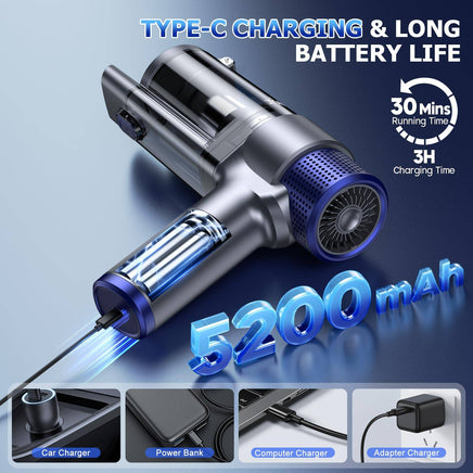 Silver JONYJ vacuum cleaner with 5200mAh battery, 3h charging time, and Type-C compatibility for long-lasting cordless use.