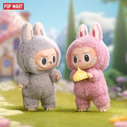 POP MART The Monsters Tasty Macarons Blind Box Figures feature two fuzzy vinyl toys in bunny suits, one holding a yellow macaron. Ideal for collectors.