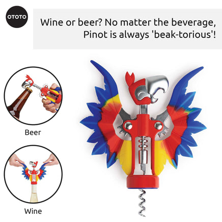 OTOTO Pinot Parrot Opener shown opening beer and wine bottles. A beak-torious kitchen gadget for any beverage occasion.