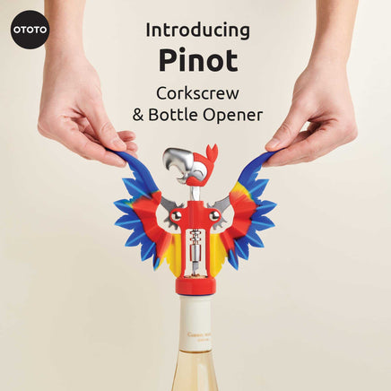 OTOTO Pinot Corkscrew & Bottle Opener in use on a wine bottle. Parrot design adds a playful touch to wine opening.