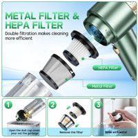 Double filtration system of JONYJ vacuum cleaner featuring washable HEPA and metal filters for efficient dust removal and easy cleaning.