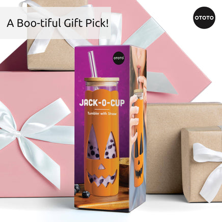 Halloween-themed Jack-o-Cup tumbler in gift packaging, a spooky and stylish gift idea for coffee or tea lovers.