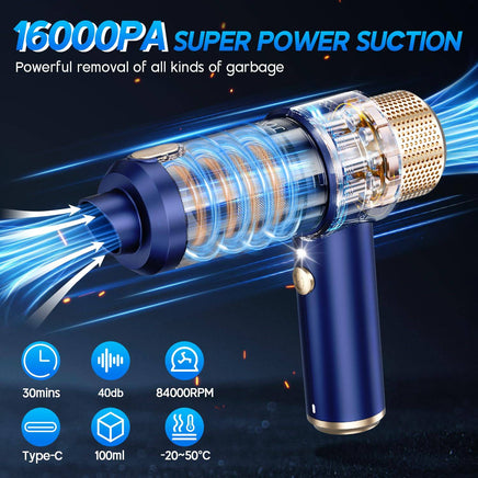 Blue JONYJ vacuum cleaner highlighting 16000PA suction, 84000RPM motor, and features like 30min runtime and 40dB operation.