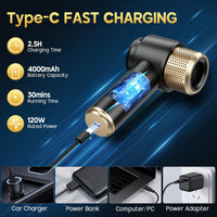 JONYJ cordless vacuum in black charging via Type-C with 4000mAh battery and 2.5h charge time, compatible with multiple power sources.