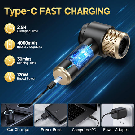 JONYJ cordless vacuum in black charging via Type-C with 4000mAh battery and 2.5h charge time, compatible with multiple power sources.
