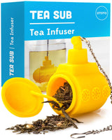 Cute Tea Infuser by OTOTO shaped like a yellow submarine with chain, ideal for loose leaf tea. Fun tea accessory for steeping flavorful blends.