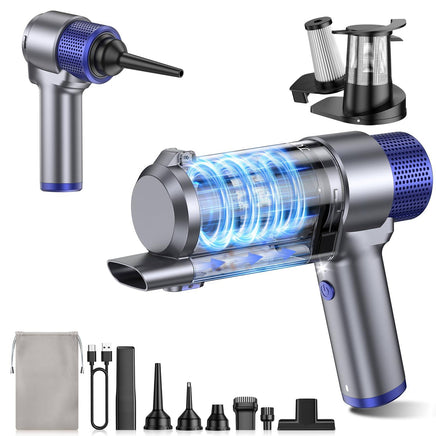 Silver JONYJ handheld vacuum cleaner with 16000PA suction, HEPA filter, and full accessory kit for car and home cleaning.