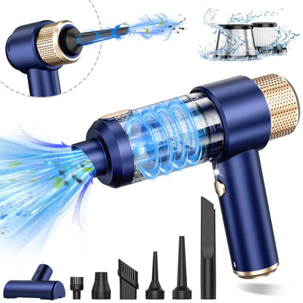 Blue JONYJ handheld vacuum cleaner with 16000PA suction, HEPA filter, and full set of attachments for car and home cleaning.