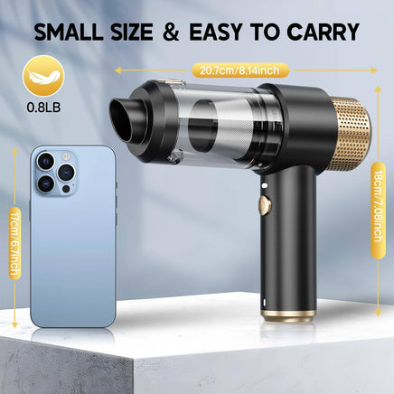 Portable black JONYJ vacuum cleaner compared to smartphone, weighing 0.8lb and measuring 8.14 inches for easy transport.