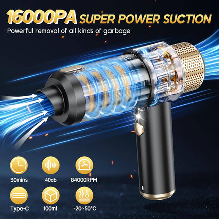 Black JONYJ vacuum cleaner showcasing 16000PA suction, 84000RPM motor, and features like 30min runtime and 40dB noise level.