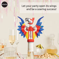 OTOTO Pinot Parrot Opener on a wine bottle at a party. A colorful and fun corkscrew that makes celebrations more festive.