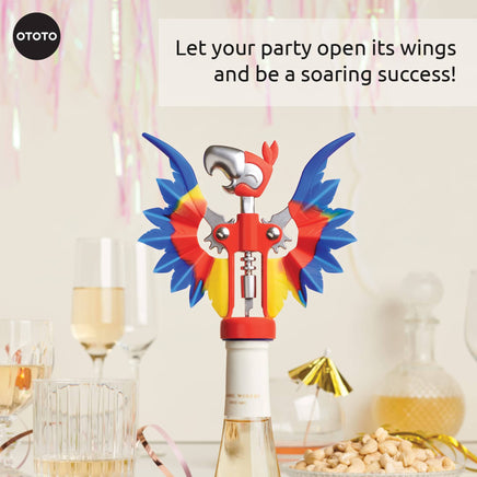 OTOTO Pinot Parrot Opener on a wine bottle at a party. A colorful and fun corkscrew that makes celebrations more festive.