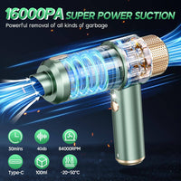 Close-up of JONYJ handheld vacuum showing 16000PA suction power, 84000RPM motor, and key features like 30min runtime and Type-C charging.