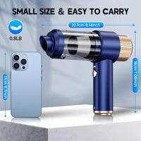 Compact blue JONYJ vacuum cleaner shown next to smartphone, weighing 0.8lb and measuring 8.14 inches for portability.