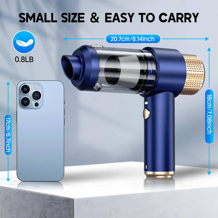 Compact blue JONYJ vacuum cleaner shown next to smartphone, weighing 0.8lb and measuring 8.14 inches for portability.