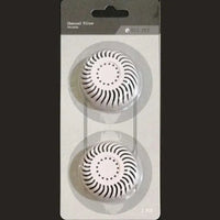 Charcoal filter replacement pack for pet water fountains, featuring two round filters with a spiral vent design in secure packaging.