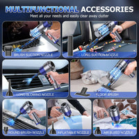 Silver JONYJ vacuum cleaner with multifunctional accessories for cleaning pet hair, car vents, keyboards, and inflating items.