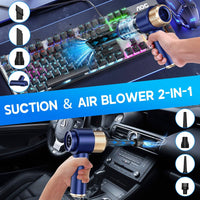 Blue JONYJ vacuum cleaner used for cleaning car and keyboard with dual suction and blower modes and multiple nozzle options.