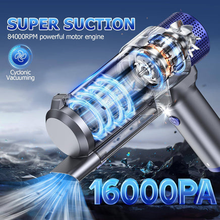 Silver JONYJ vacuum cleaner with 16000PA suction and 84000RPM motor for powerful cleaning of dust and debris in tight spaces.