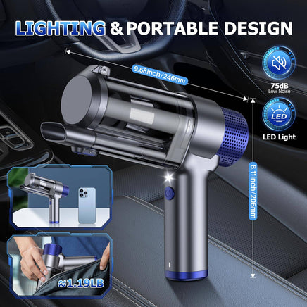 Portable silver JONYJ vacuum cleaner with LED light, 1.19lb weight, and compact design for convenient car and home use.
