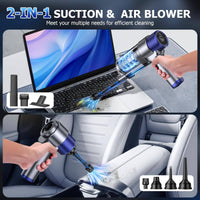 2-in-1 suction and air blower silver JONYJ vacuum cleaner used for cleaning car interiors and electronics with multiple nozzles.