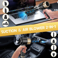 Black JONYJ vacuum cleaner in use for car and keyboard cleaning with dual suction and blower modes and interchangeable nozzles.