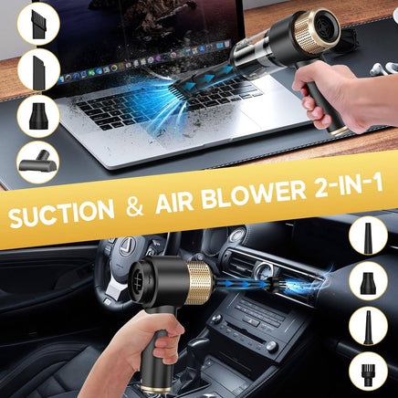 Black JONYJ vacuum cleaner in use for car and keyboard cleaning with dual suction and blower modes and interchangeable nozzles.