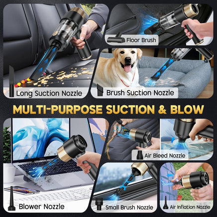 Multi-purpose black JONYJ vacuum cleaner with various nozzles for cleaning car interiors, electronics, pet hair, and inflating items.
